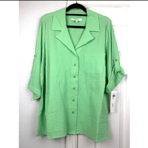 Foxcroft NYC NWT Aloe Green Double Gauze‎ Button Blouse Plus 16W Relaxed
